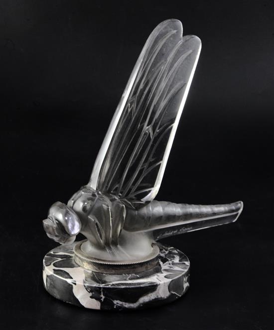 Grande Libellule/Large Dragonfly. A glass mascot by René Lalique, introduced on 23/5/1928, No.1145 Height with ring 20.5cm, overall 22.